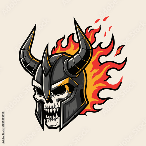 Skull wearing horned helmet engulfed in flames illustration graphic.