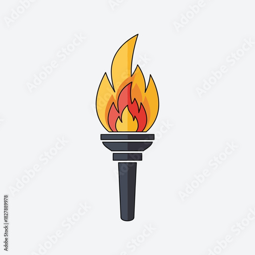 Torch with bright yellow and red flames burning atop a dark gray handle.