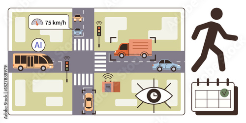 Intelligent traffic system featuring AI, vehicles, traffic signals, pedestrian, surveillance camera, and schedule. Ideal for technology, urban planning, safety innovation automation mobility