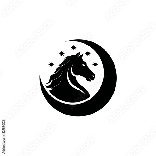 Horse silhouette within crescent moon and stars