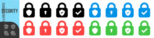 Lock shield check mark icon or security shield protection icon with padlock tick symbol. Color icon set