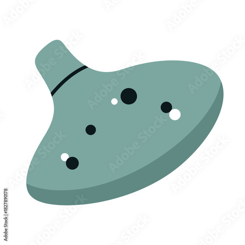Teal ocarina musical instrument with finger holes and mouthpiece shown in a graphic.