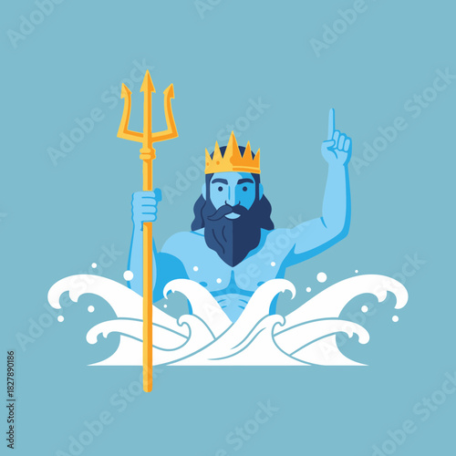 Cartoon god with beard and crown holding trident emerging from waves.