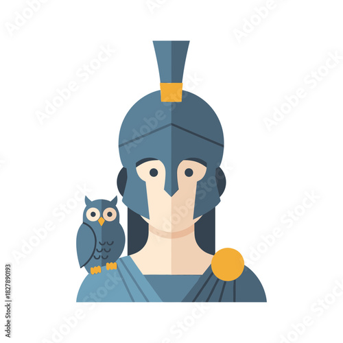 Woman with helmet and owl on shoulder illustration.
