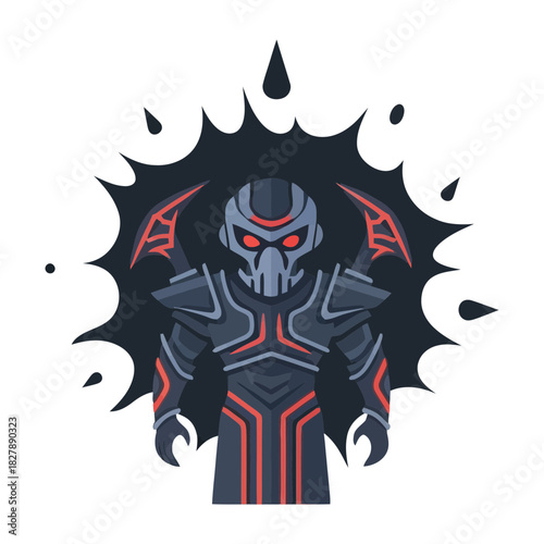 Futuristic armored warrior with glowing red eyes and dark energy.