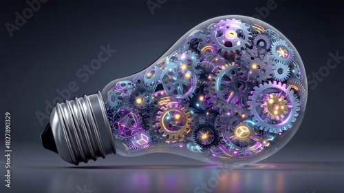 Glowing mechanical gears inside a clear glass light bulb resting on a reflective surface