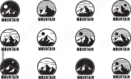 Collection of circular mountain logos with sun and moon variations Keywords: mountain logo nature landscape outdoor adventure peak summit range hill sky sun moon circle on transparent background