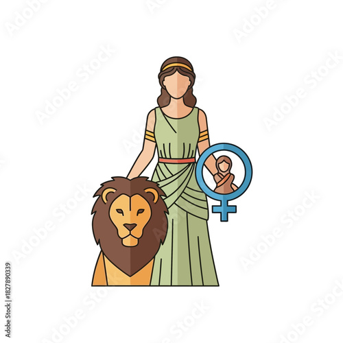 Woman in green dress with lion and female symbol with lion.