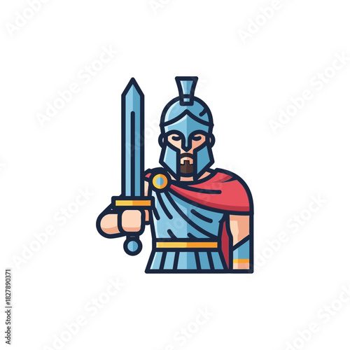 Warrior in armor holding a sword and wearing a helmet and cape.