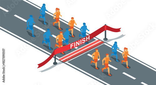 Isometric style race with runners crossing finish line on track