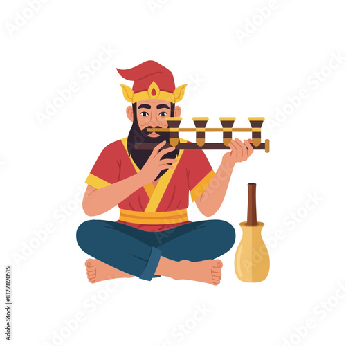 Man in traditional clothing playing a wind instrument with a bottle.