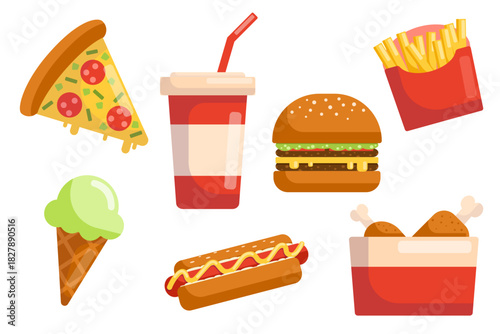 Colorful fast food set with pizza, burger, hotdog, fries, soda, ice cream and chicken, perfect for menus, packaging, cafe branding, stickers, kids projects, web design and playful food illustrations
