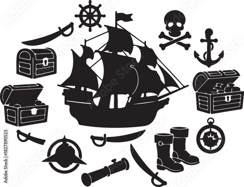 Pirate Ship Silhouette Collection With Treasure Chests Swords And Skull Keywords: pirate, ship, silhouette, treasure, chest, sword, skull, crossbones, anchor, compass, on transparent background