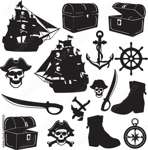 Pirate Themed Silhouette Collection With Ships Chests Skulls Boots And Anchor sailing treasure on transparent background