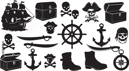 Pirate themed silhouette icons including ship skull anchor and treasure chest Keywords: pirate ship skull and crossbones treasure chest anchor helm cutlass pirate hat boots on transparent background