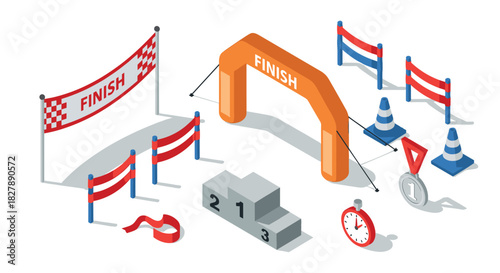 Isometric race finish line elements with podium and flags