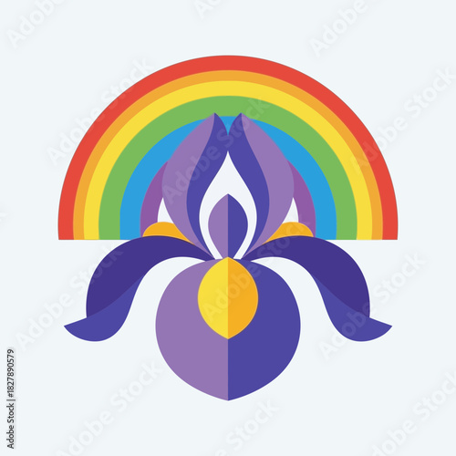 Stylized iris flower with a rainbow arch above.