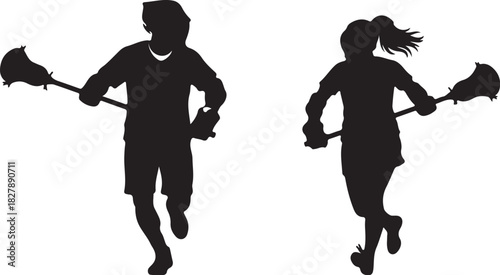 Silhouette of Male and Female Lacrosse Players Running with Sticks Keywords: lacrosse, player, sport, running, male, female, athlete, stick, team, game, action, silhouette, on transparent background