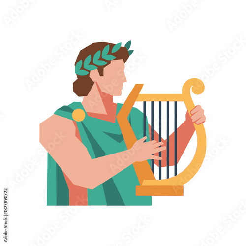 Person wearing laurel wreath and green toga playing a golden lyre.