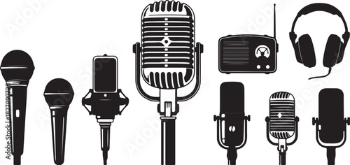 Vintage And Modern Microphone Collection With Radio And Headphones Silhouettes retro studio on transparent background