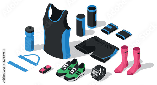 Isometric sportswear and accessories set for fitness and running enthusiasts