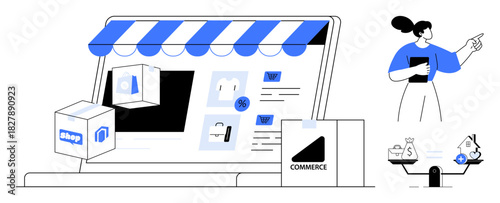 E-commerce scene. E-commerce with online marketplace, delivery packages, digital payment, and price comparison. E-commerce facilitating modern online shopping experiences. For retail, fintech