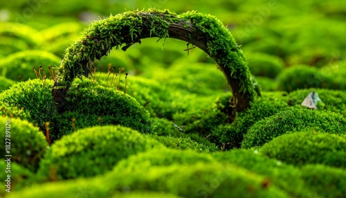 Bright green moss-covered log sits atop a bed of vibrant green moss in soft, natural outdoor light