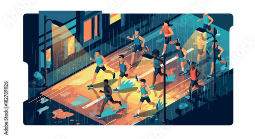 Runners persevere through rainy night marathon in vibrant cityscape