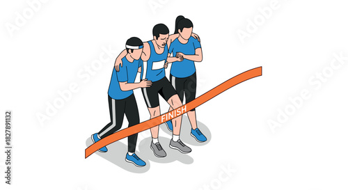 Supportive teammates helping exhausted runner cross the finish line
