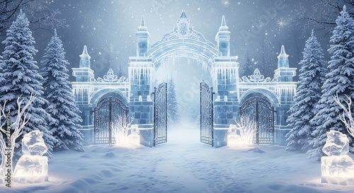 Step into a magical winter wonderland with this stunning ice castle entrance, perfect for fantasy stories, holiday promotions, and creating a dreamy atmosphere