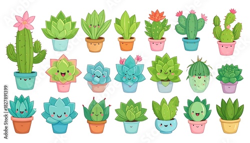 A collection of cartoon succulent plants, potted with cheerful facial expressions, featuring varying shapes and flower blooms