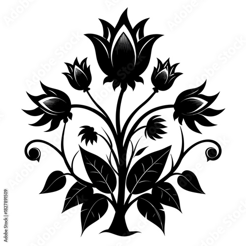 Fantasy Flora clean black silhouette design white background