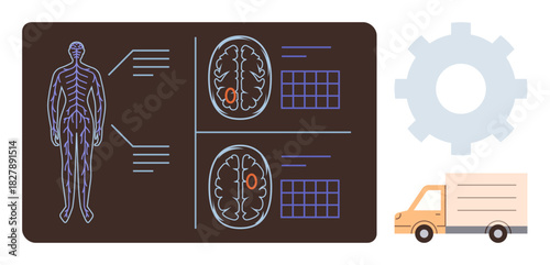 Diagram of human anatomy alongside brain scans, data grids, gear, and truck. Ideal for medicine, neuroscience, logistics, technology, healthcare process management simple flat metaphor