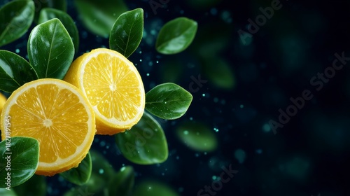 Two vibrant lemon halves with glistening green leaves float against a dark bokeh background
