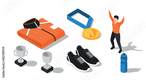 Isometric sports icons: fitness achievement concept with medals and trophies