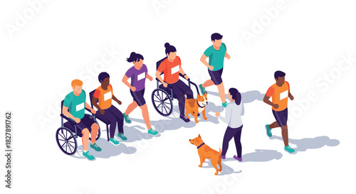 Diverse group of people running with guide dogs in an inclusive marathon