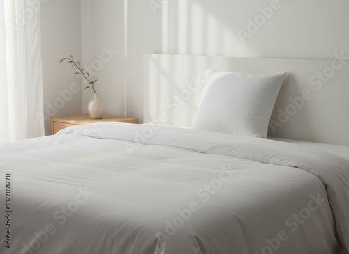 Clean white bed with pillow in soft morning light