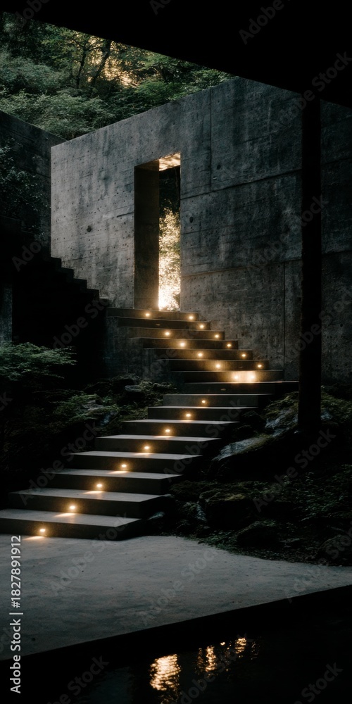 Obraz premium Dark concrete outdoor stairs with embedded warm pathway lights ascending toward bright foliage