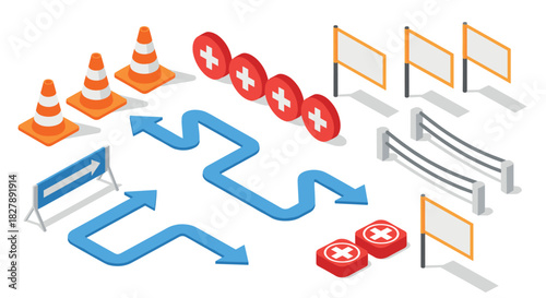 Isometric traffic signs and cones collection for road safety design