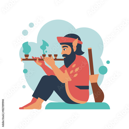 Man with beard plays flute holding oar wearing head covering and red shirt.
