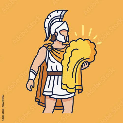 Cartoon warrior in helmet and tunic holds a glowing golden object.