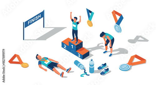 Isometric marathon victory scene with winners podium and medals