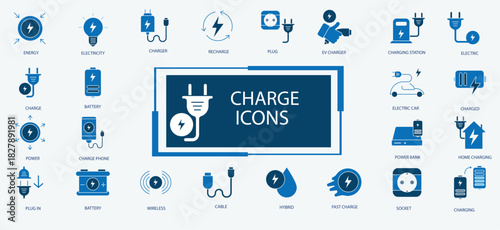 Electric Power and Charging Icon Set. Battery, Lightning, Plug and Energy Outline Pack, Charging ,Electricity Vector Collection. Battery Levels, Cables, Plugs, Fast, Charger. Solid colors 