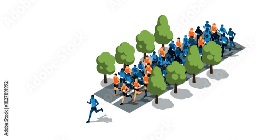 Isometric group of runners in forest marathon with leader ahead