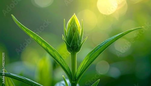 Bright, green, pointed bud stands upright surrounded by bokeh