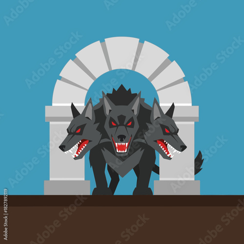 Three-headed dog guarding a stone archway illustration.