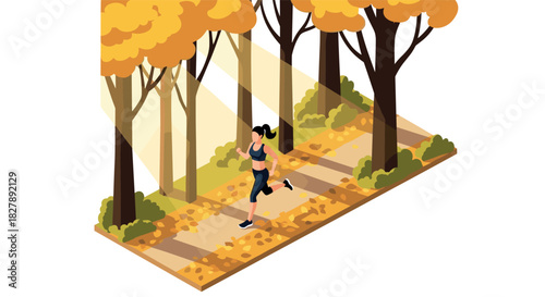 Isometric autumn park: woman jogging amongst falling leaves and sunlit trees