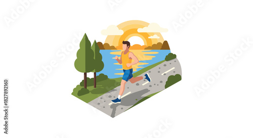 Morning jog in nature: isometric runner on scenic path by the lake