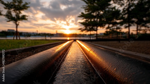Water flowing between two dark curved channels reflects bright sunset light at ground level