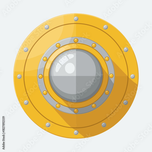 A golden shield with silver center and rivets casts a long shadow.